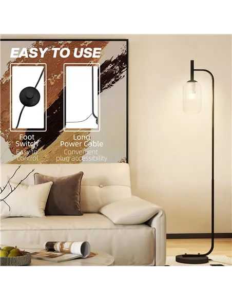 HOMCOM Floor Lamp for Living Room with Glass Lampshade, Modern Standing Lamp with Foot Switch for Bedroom, Bulb not Included, Bl
