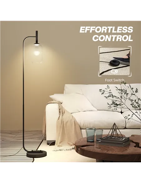 HOMCOM Floor Lamp for Living Room with Glass Lampshade, Modern Standing Lamp with Foot Switch for Bedroom, Bulb not Included, Bl