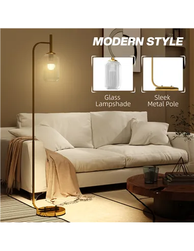 HOMCOM LED Floor Lamp for Living Room with Glass Lampshade, Modern Standing Lamp with Foot Switch, Adjustable Brightness, 2700K 