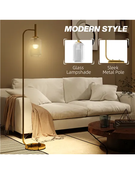 HOMCOM LED Floor Lamp for Living Room with Glass Lampshade, Modern Standing Lamp with Foot Switch, Adjustable Brightness, 2700K 