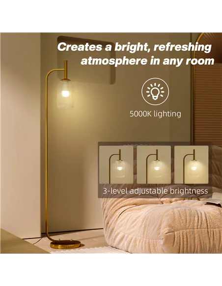 HOMCOM LED Floor Lamp for Living Room with Glass Lampshade, Modern Standing Lamp with Foot Switch, Adjustable Brightness, 2700K 