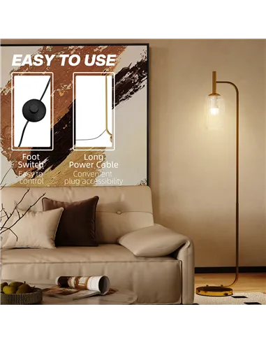 HOMCOM LED Floor Lamp for Living Room with Glass Lampshade, Modern Standing Lamp with Foot Switch, Adjustable Brightness, 2700K 