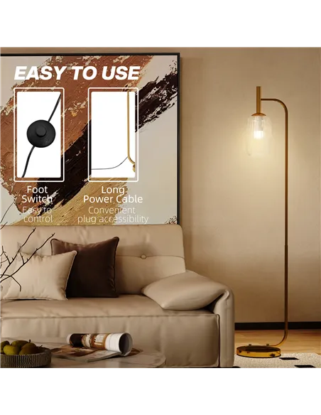 HOMCOM LED Floor Lamp for Living Room with Glass Lampshade, Modern Standing Lamp with Foot Switch, Adjustable Brightness, 2700K 