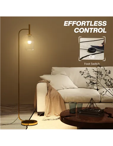 HOMCOM LED Floor Lamp for Living Room with Glass Lampshade, Modern Standing Lamp with Foot Switch, Adjustable Brightness, 2700K 