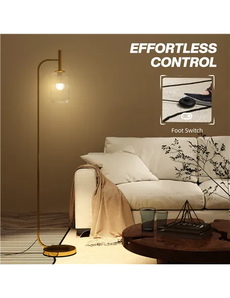 HOMCOM LED Floor Lamp for Living Room with Glass Lampshade, Modern Standing Lamp with Foot Switch, Adjustable Brightness, 2700K 