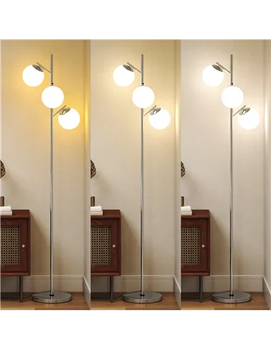 HOMCOM 3-Light Tree Floor Lamps for Living Room, Modern Standing Lamp for Bedroom with Globe Lampshade, 3000K/4000K/6000K Colour