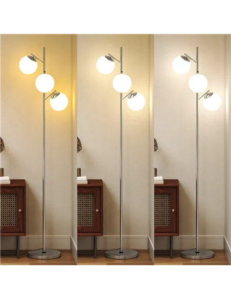 HOMCOM 3-Light Tree Floor Lamps for Living Room, Modern Standing Lamp for Bedroom with Globe Lampshade, 3000K/4000K/6000K Colour