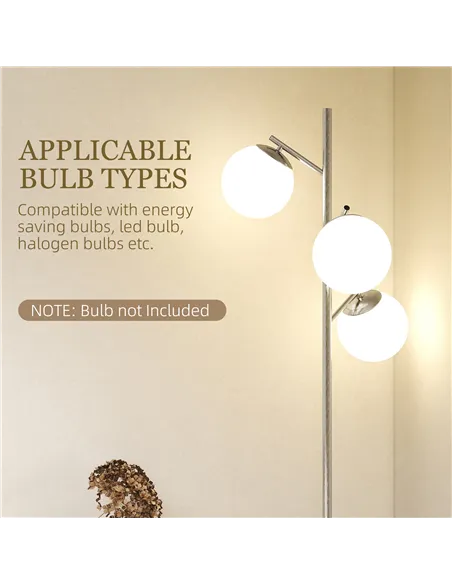 HOMCOM 3-Light Tree Floor Lamps for Living Room, Modern Standing Lamp for Bedroom with Globe Lampshade, 3000K/4000K/6000K Colour