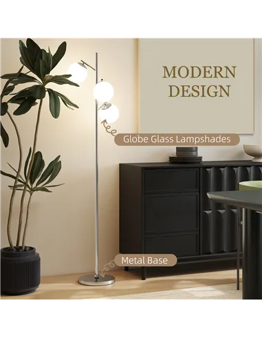 HOMCOM 3-Light Tree Floor Lamps for Living Room, Modern Standing Lamp for Bedroom with Globe Lampshade, 3000K/4000K/6000K Colour