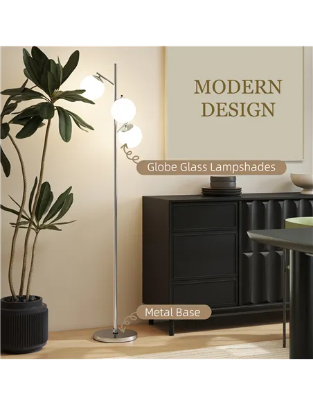 HOMCOM 3-Light Tree Floor Lamps for Living Room, Modern Standing Lamp for Bedroom with Globe Lampshade, 3000K/4000K/6000K Colour