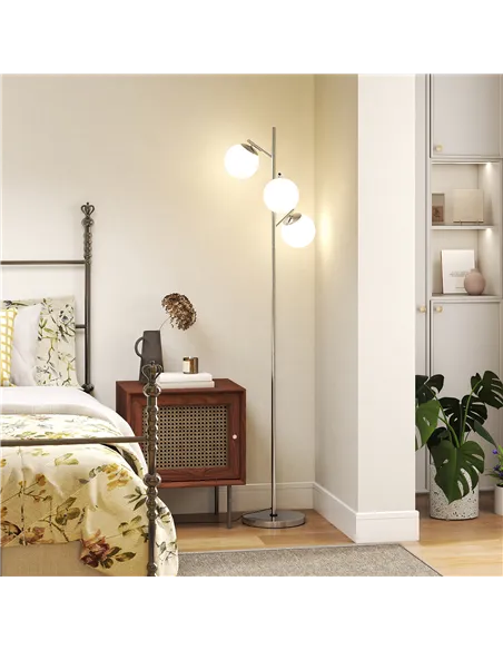 HOMCOM 3-Light Tree Floor Lamps for Living Room, Modern Standing Lamp for Bedroom with Globe Lampshade, 3000K/4000K/6000K Colour