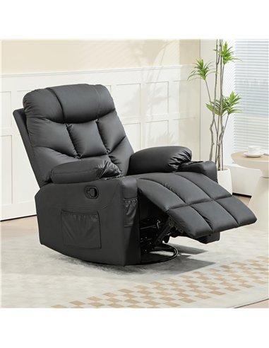 HOMCOM Manual Reclining Chair, Recliner Armchair with Swivel, Faux Leather, Footrest, Cup Holders, 86x93x102cm, Black