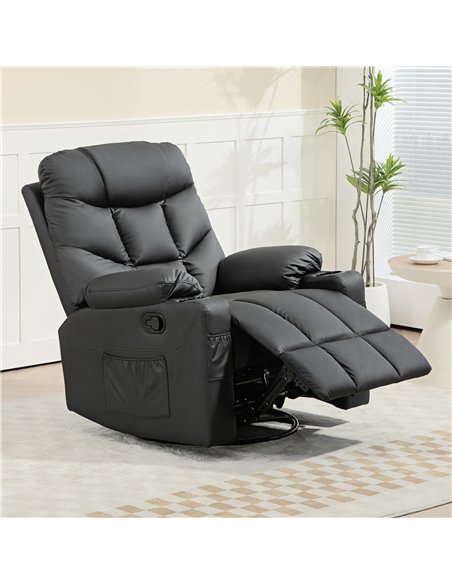 HOMCOM Manual Reclining Chair, Recliner Armchair with Swivel, Faux Leather, Footrest, Cup Holders, 86x93x102cm, Black