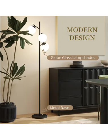 HOMCOM 3-Light Tree Floor Lamps for Living Room, Modern Standing Lamp for Bedroom with Globe Lampshade, Steel Base, Bulb not Inc