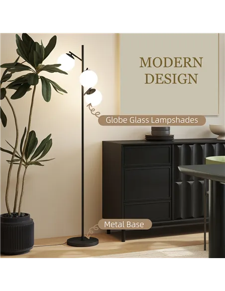 HOMCOM 3-Light Tree Floor Lamps for Living Room, Modern Standing Lamp for Bedroom with Globe Lampshade, Steel Base, Bulb not Inc