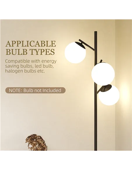 HOMCOM 3-Light Tree Floor Lamps for Living Room, Modern Standing Lamp for Bedroom with Globe Lampshade, Steel Base, Bulb not Inc