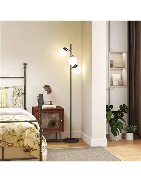 HOMCOM 3-Light Tree Floor Lamps for Living Room, Modern Standing Lamp for Bedroom with Globe Lampshade, Steel Base, Bulb not Inc