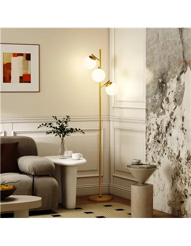HOMCOM 3-Light Tree Floor Lamps for Living Room, Modern Standing Lamp for Bedroom with Globe Lampshade, 3000K/4000K/6000K Colour