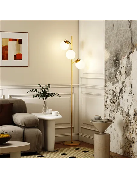 HOMCOM 3-Light Tree Floor Lamps for Living Room, Modern Standing Lamp for Bedroom with Globe Lampshade, 3000K/4000K/6000K Colour