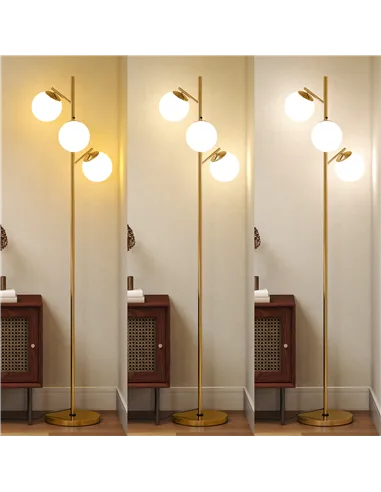 HOMCOM 3-Light Tree Floor Lamps for Living Room, Modern Standing Lamp for Bedroom with Globe Lampshade, 3000K/4000K/6000K Colour