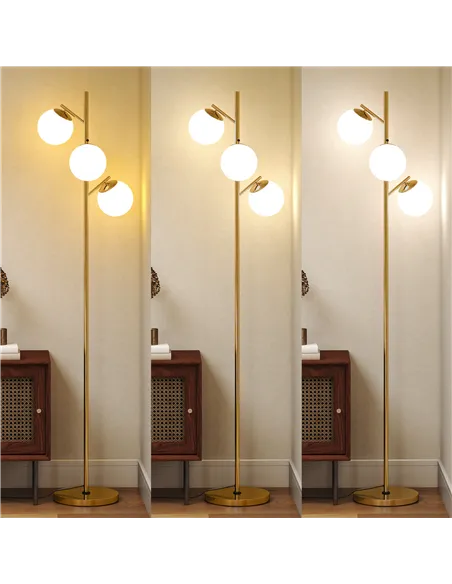 HOMCOM 3-Light Tree Floor Lamps for Living Room, Modern Standing Lamp for Bedroom with Globe Lampshade, 3000K/4000K/6000K Colour