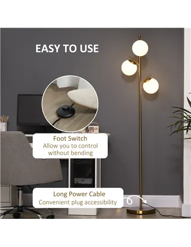 HOMCOM 3-Light Tree Floor Lamps for Living Room, Modern Standing Lamp for Bedroom with Globe Lampshade, 3000K/4000K/6000K Colour