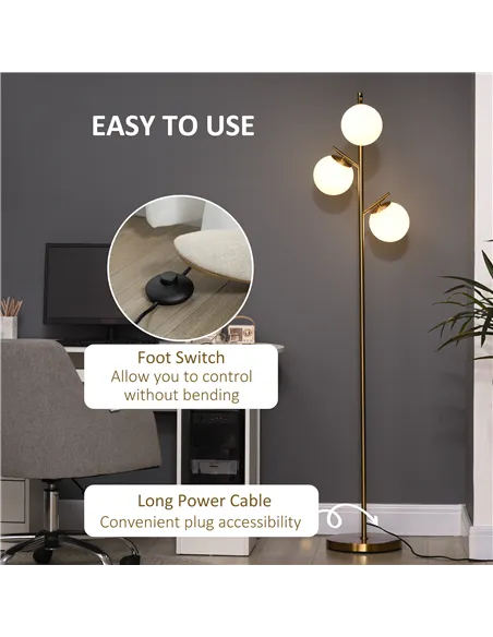 HOMCOM 3-Light Tree Floor Lamps for Living Room, Modern Standing Lamp for Bedroom with Globe Lampshade, 3000K/4000K/6000K Colour