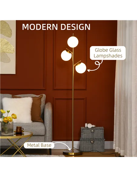 HOMCOM 3-Light Tree Floor Lamps for Living Room, Modern Standing Lamp for Bedroom with Globe Lampshade, 3000K/4000K/6000K Colour
