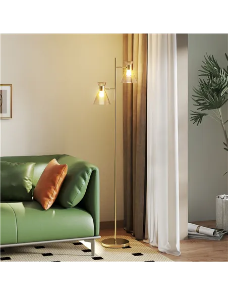 HOMCOM Floor Lamp with Adjustable Dual Head, Modern Standing Lamp with Floral Glass Shades and Foot Switch for Living Room Bedro