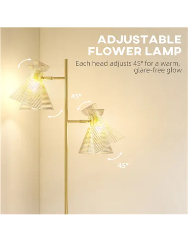 HOMCOM Floor Lamp with Adjustable Dual Head, Modern Standing Lamp with Floral Glass Shades and Foot Switch for Living Room Bedro