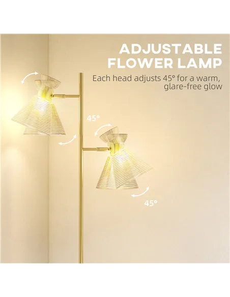 HOMCOM Floor Lamp with Adjustable Dual Head, Modern Standing Lamp with Floral Glass Shades and Foot Switch for Living Room Bedro