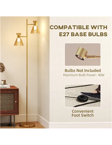 HOMCOM Floor Lamp with Adjustable Dual Head, Modern Standing Lamp with Floral Glass Shades and Foot Switch for Living Room Bedro