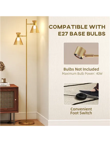 HOMCOM Floor Lamp with Adjustable Dual Head, Modern Standing Lamp with Floral Glass Shades and Foot Switch for Living Room Bedro