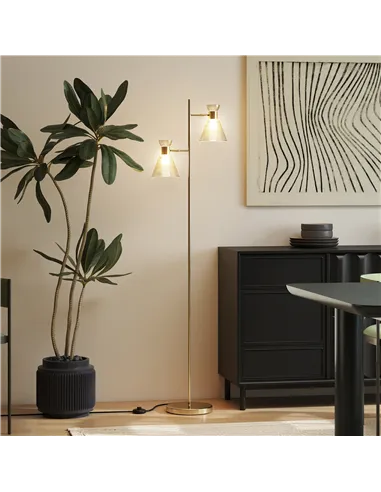 HOMCOM Floor Lamp with Adjustable Dual Head, Modern Standing Lamp with Floral Glass Shades and Foot Switch for Living Room Bedro