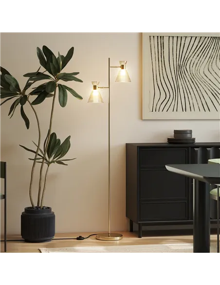 HOMCOM Floor Lamp with Adjustable Dual Head, Modern Standing Lamp with Floral Glass Shades and Foot Switch for Living Room Bedro