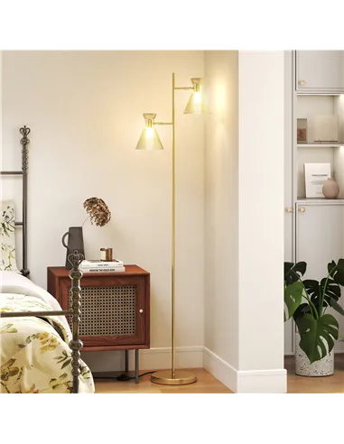 HOMCOM Floor Lamp with Adjustable Dual Head, Modern Standing Lamp with Floral Glass Shades and Foot Switch for Living Room Bedro