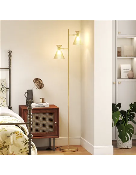 HOMCOM Floor Lamp with Adjustable Dual Head, Modern Standing Lamp with Floral Glass Shades and Foot Switch for Living Room Bedro