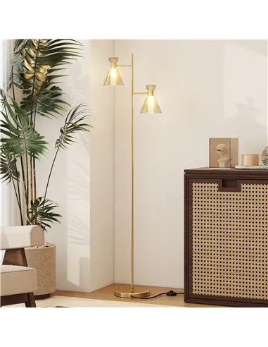 HOMCOM Floor Lamp with Adjustable Dual Head, Modern Standing Lamp with Floral Glass Shades and Foot Switch for Living Room Bedro