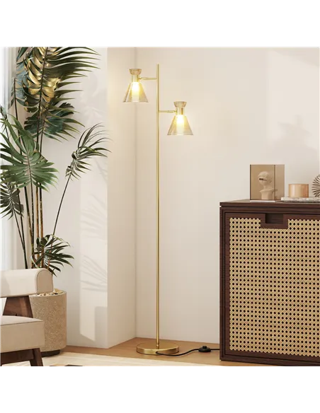 HOMCOM Floor Lamp with Adjustable Dual Head, Modern Standing Lamp with Floral Glass Shades and Foot Switch for Living Room Bedro