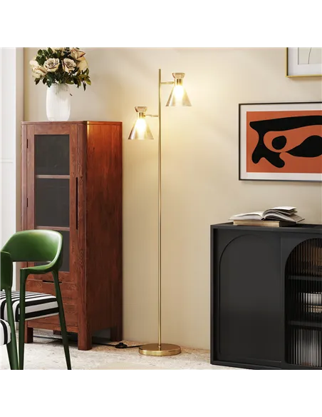 HOMCOM Floor Lamp with Adjustable Dual Head, Modern Standing Lamp with Floral Glass Shades and Foot Switch for Living Room Bedro