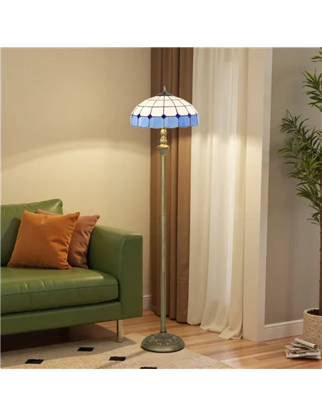 HOMCOM Tiffany-Style Floor Lamp with Handcrafted Stained Glass Shade, 152cm Tall Vintage Standing Lamp with Foot Switch and Dual