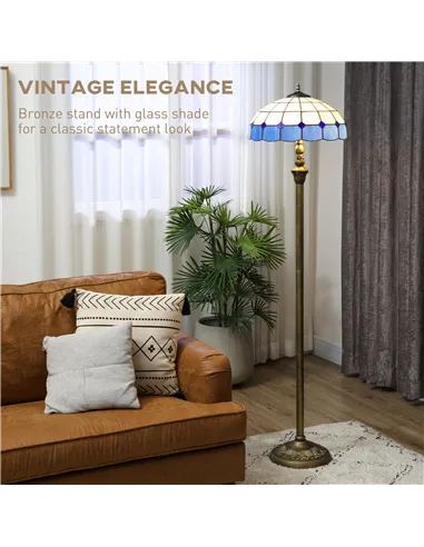 HOMCOM Tiffany-Style Floor Lamp with Handcrafted Stained Glass Shade, 152cm Tall Vintage Standing Lamp with Foot Switch and Dual