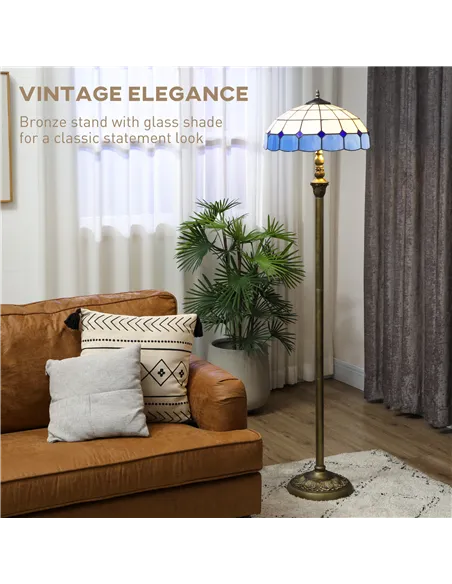 HOMCOM Tiffany-Style Floor Lamp with Handcrafted Stained Glass Shade, 152cm Tall Vintage Standing Lamp with Foot Switch and Dual