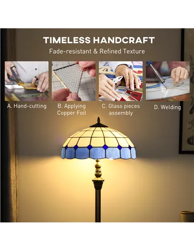 HOMCOM Tiffany-Style Floor Lamp with Handcrafted Stained Glass Shade, 152cm Tall Vintage Standing Lamp with Foot Switch and Dual