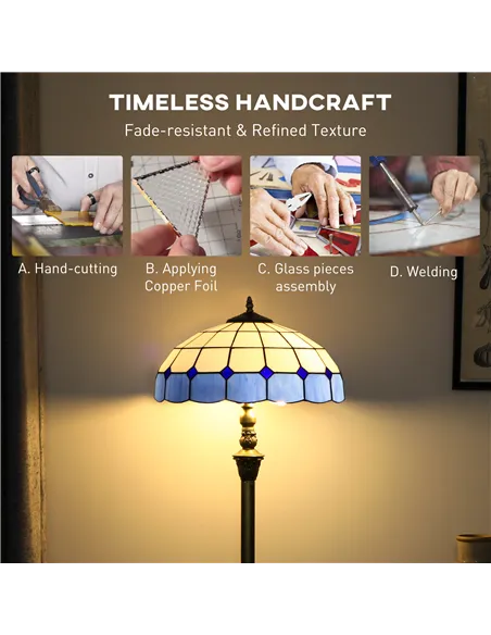 HOMCOM Tiffany-Style Floor Lamp with Handcrafted Stained Glass Shade, 152cm Tall Vintage Standing Lamp with Foot Switch and Dual