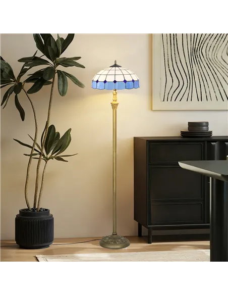 HOMCOM Tiffany-Style Floor Lamp with Handcrafted Stained Glass Shade, 152cm Tall Vintage Standing Lamp with Foot Switch and Dual