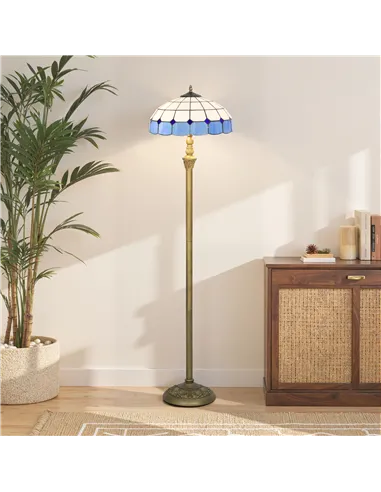 HOMCOM Tiffany-Style Floor Lamp with Handcrafted Stained Glass Shade, 152cm Tall Vintage Standing Lamp with Foot Switch and Dual