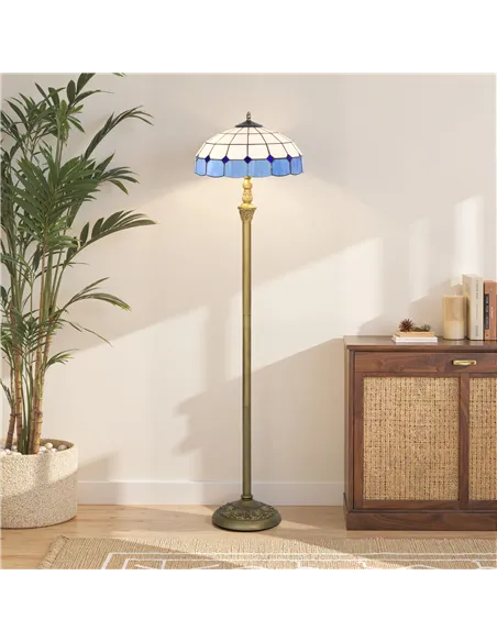 HOMCOM Tiffany-Style Floor Lamp with Handcrafted Stained Glass Shade, 152cm Tall Vintage Standing Lamp with Foot Switch and Dual