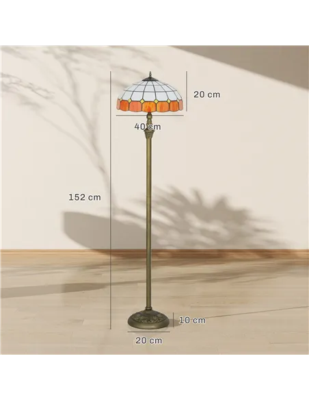 HOMCOM Tiffany-Style Floor Lamp with Handcrafted Stained Glass Shade, 152cm Tall Vintage Standing Lamp with Foot Switch and Dual