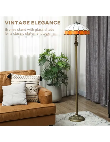 HOMCOM Tiffany-Style Floor Lamp with Handcrafted Stained Glass Shade, 152cm Tall Vintage Standing Lamp with Foot Switch and Dual